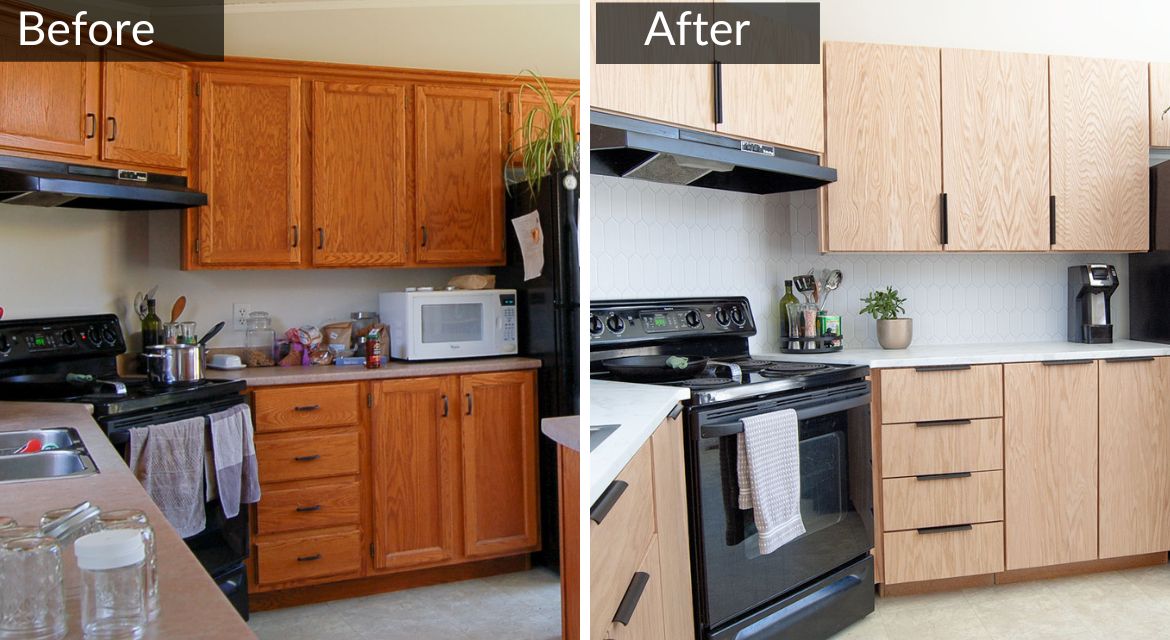 How to make oak kitchen cabinets look modern without paint - Time on ...